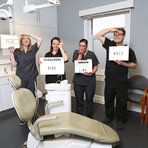 Dentist team with signs for Head, Eyes, Lips and Nose